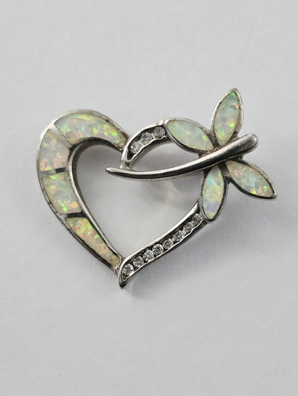 Vintage sterling silver dragonfly heart fire opal inlay necklace pendant charm
